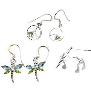 Lot of 3 Pairs Silver Tone Dangle Drop Pierced Earrings Dragonfly Music Peace
